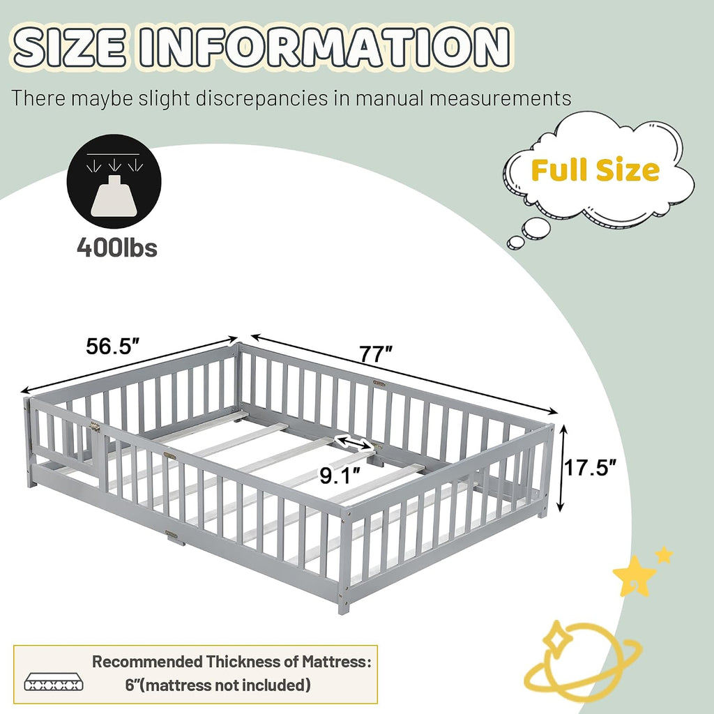Full Floor Bed with Safety Guardrails for Kids, Rubber Wood Montessori Bed with Slats and Convertible Door,Full Size Bed Frame for Girls and Boys,No Box Spring Needed,Grey