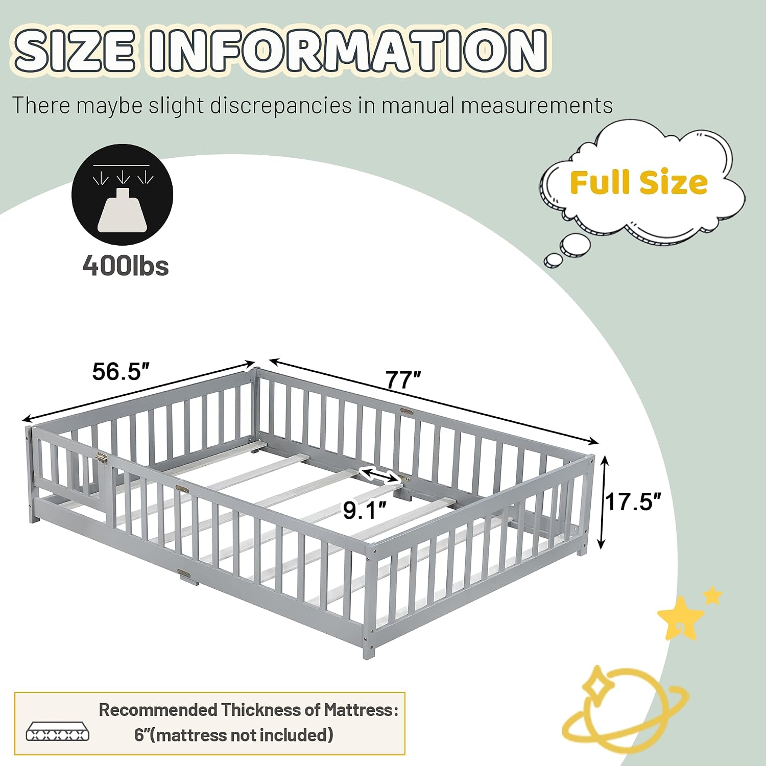 Full Floor Bed with Safety Guardrails for Kids, Rubber Wood Montessori Bed with Slats and Convertible Door,Full Size Bed Frame for Girls and Boys,No Box Spring Needed,Grey