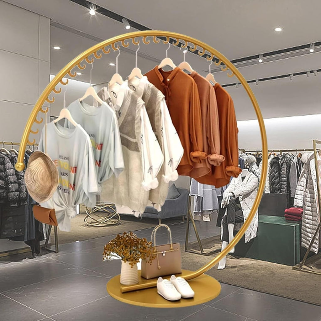 Floor Standing Metal Clothes Rack, Round Garment Rack With Stable Base, Commercial Portable Retail Display Clothing Racks, Creative Garment Rack For Hanging Clothes(Gold,160x150cm)