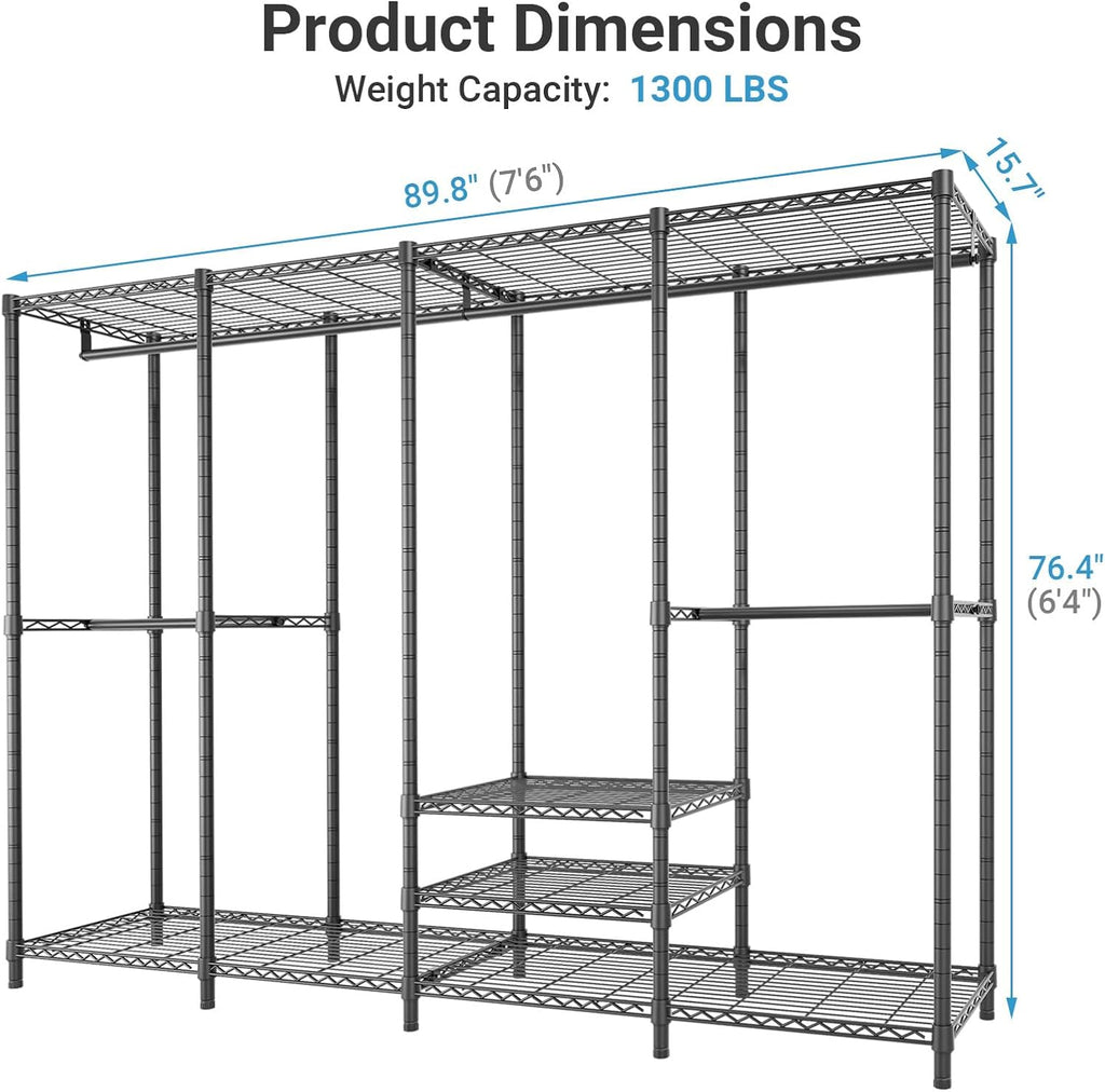 VIPEK V40 Plus Large Clothes Rack, 1300lbs Capacity Sturdy Metal Garment Rack, Clothing Rack with 6 Shelves & 4 Hang Rods, Adjustable Open Wardrobe Closet Organizer for Bedroom/Apartment/Retail, Black