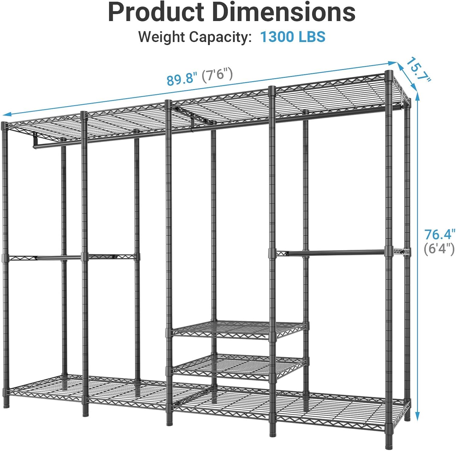 VIPEK V40 Plus Large Clothes Rack, 1300lbs Capacity Sturdy Metal Garment Rack, Clothing Rack with 6 Shelves & 4 Hang Rods, Adjustable Open Wardrobe Closet Organizer for Bedroom/Apartment/Retail, Black