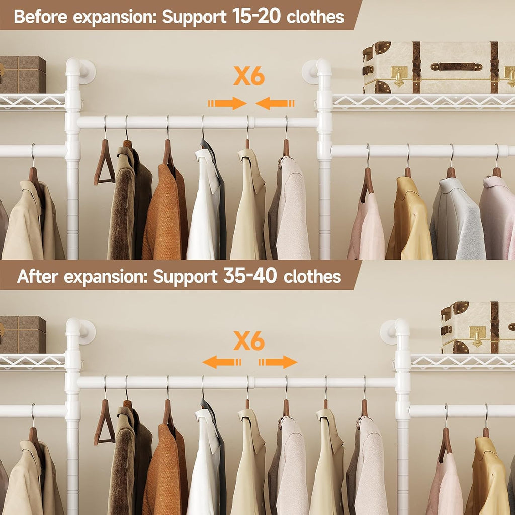 Wall Mounted Garment Rack, Industrial Pipe Clothing Rack, Closet System with 6 Expandable Rods, Walk in Closet Shelving, Clothes Organizers and Storage, Hanging Racks Wardrobe Renovation, White