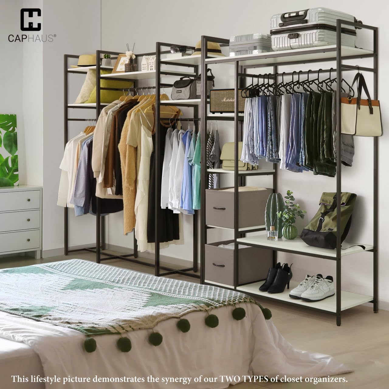 Fencer Wire Heavy Duty 979lbs Freestanding Closet Organizer w/Hanging Rods & Fabric Drawers, Garment Rack, Metal Clothes Rack w/Wood Shelves, Freestanding Closet Wardrobe, Metal Closet, White Board