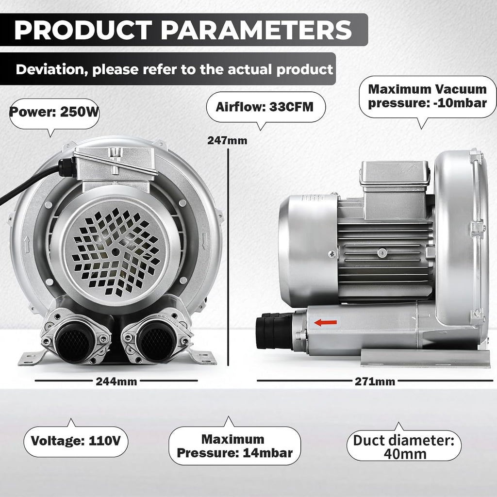 Regenerative Blower High-Pressure Vortex Ring Blower 110V 60Hz Single Phase 0.4HP 33CFM for Sewage Aeration Aquarium Fish Pond