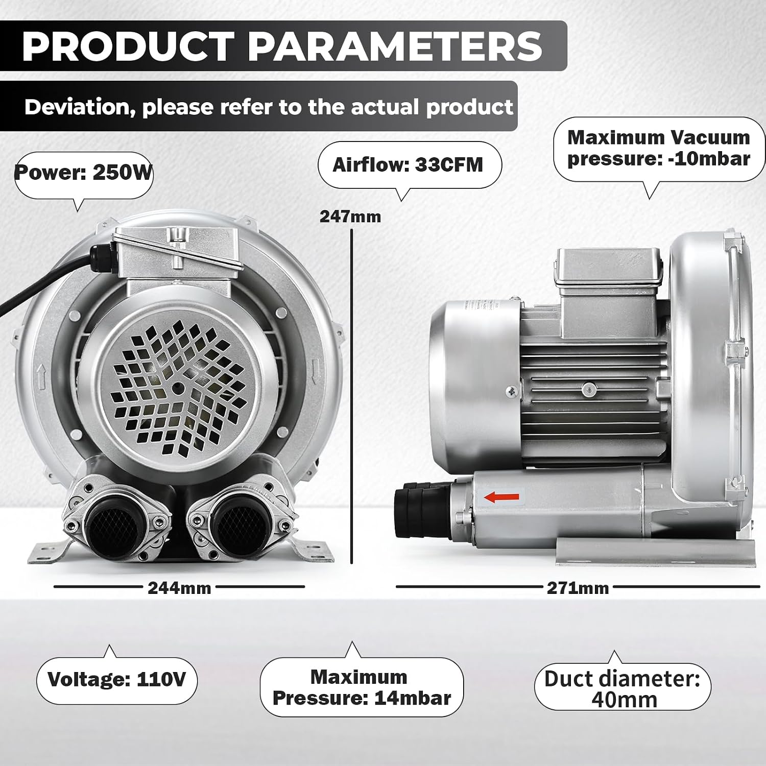 Regenerative Blower High-Pressure Vortex Ring Blower 110V 60Hz Single Phase 0.4HP 33CFM for Sewage Aeration Aquarium Fish Pond