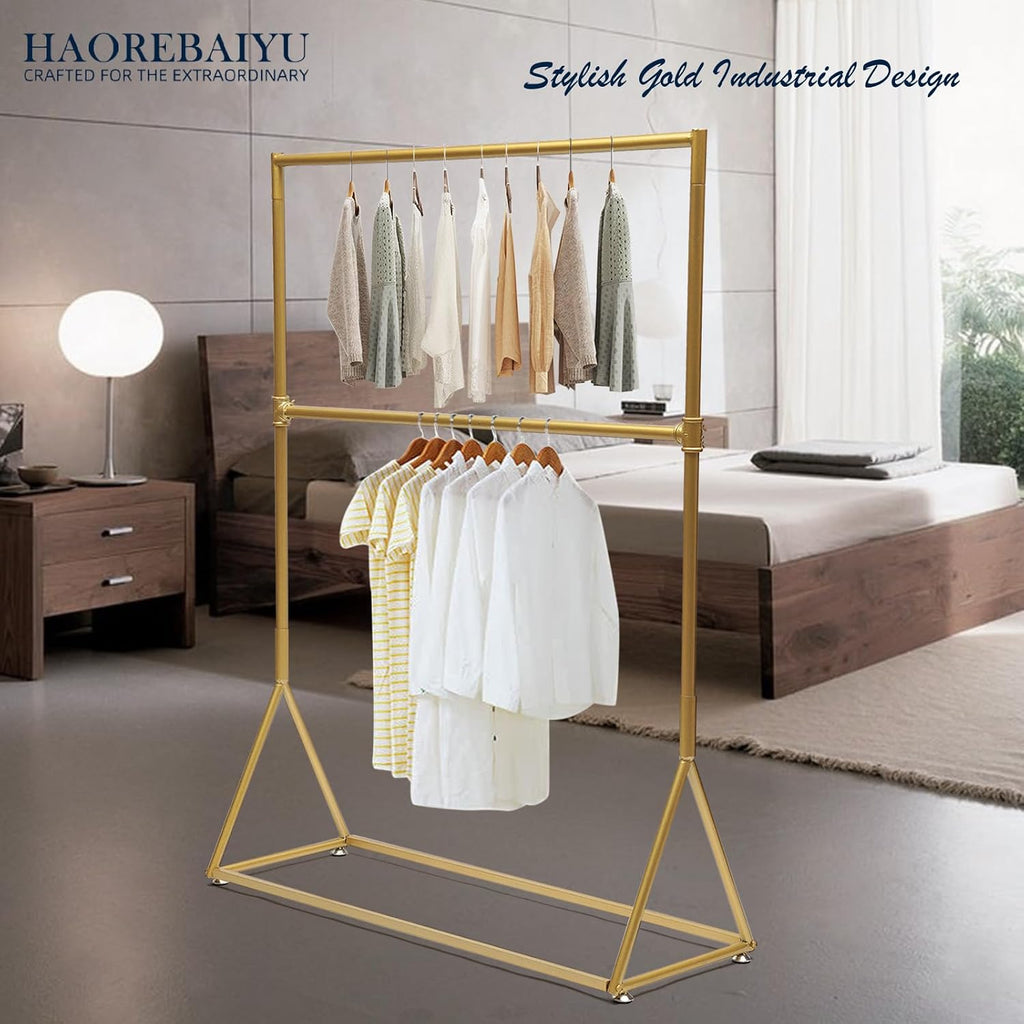 2-Tier Industrial Vintage Gold Clothes Rack, Freestanding Garment Rack with 2 Shelves, Heavy Duty Clothing Display Stand for Living Room, Bedroom, Entryway, Clothing Store (47.2x15.7x62.9 inch)