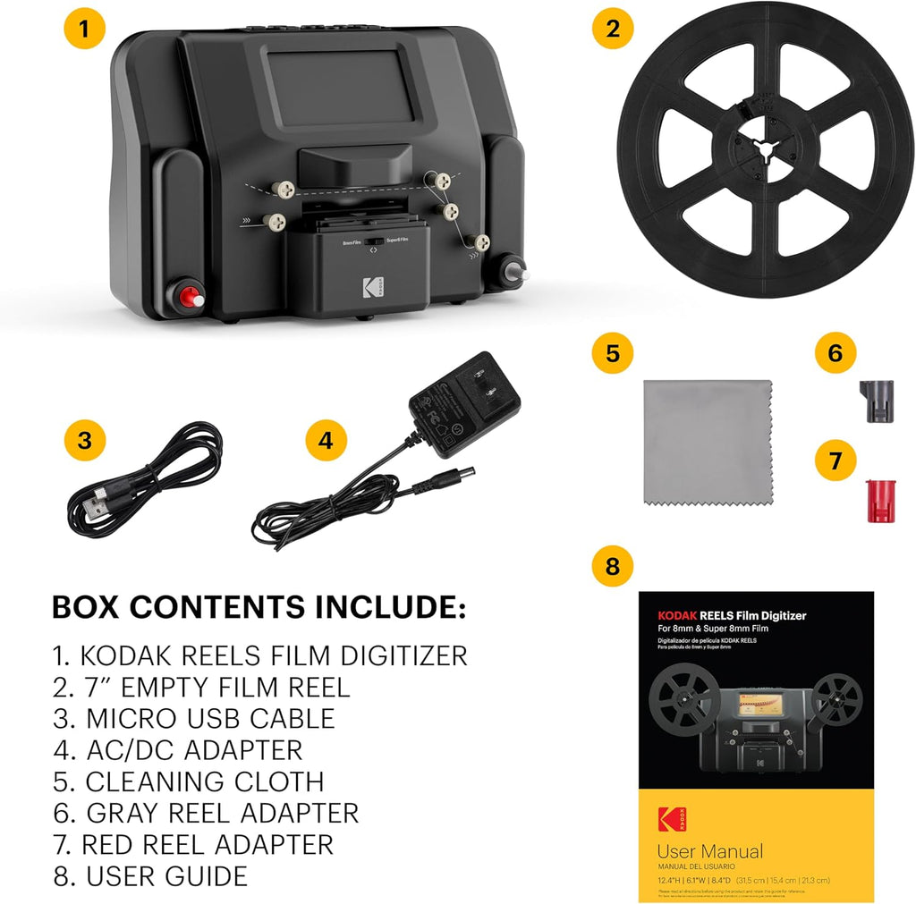 KODAK REELS 8mm & Super 8 Films Digitizer Converter with Big 5' Screen, Scanner Converts Film Frame by Frame to Digital MP4 Files for Viewing, Sharing & Saving on SD Card for 3' 4' 5' 7' and 9' Reels