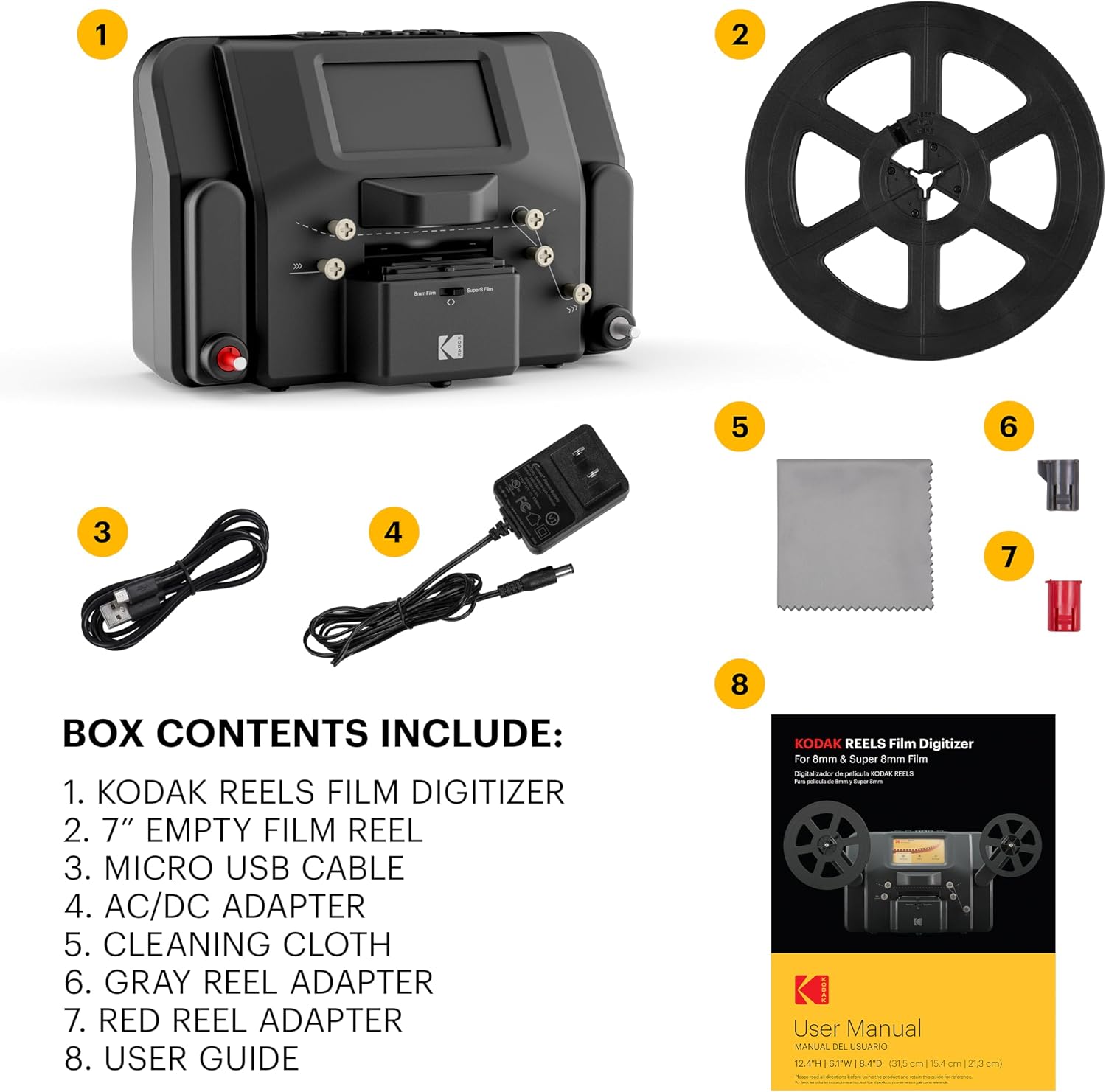 KODAK REELS 8mm & Super 8 Films Digitizer Converter with Big 5' Screen, Scanner Converts Film Frame by Frame to Digital MP4 Files for Viewing, Sharing & Saving on SD Card for 3' 4' 5' 7' and 9' Reels