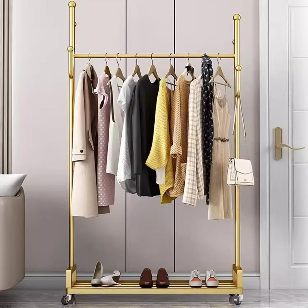 Heavy Duty Metal Clothes Rack with Rolling Wheels Storage Shelves and 6 Hooks Durable Garment Rack for Hanging Clothes,Gold-60 x 35 x 175 cm