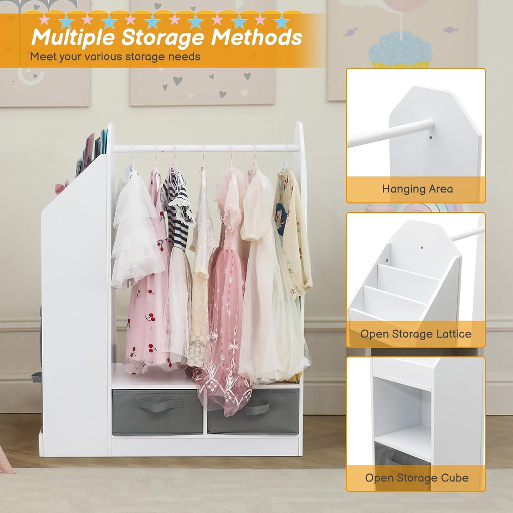 White Clothing Rack with Mirror Small Costume Organizer Storage Dress Up Rack Closet for Baby Clothes, White Dance Costume Garment Rack for Hanging Clothes, Garment Rack for Hanging Clothes Organizer