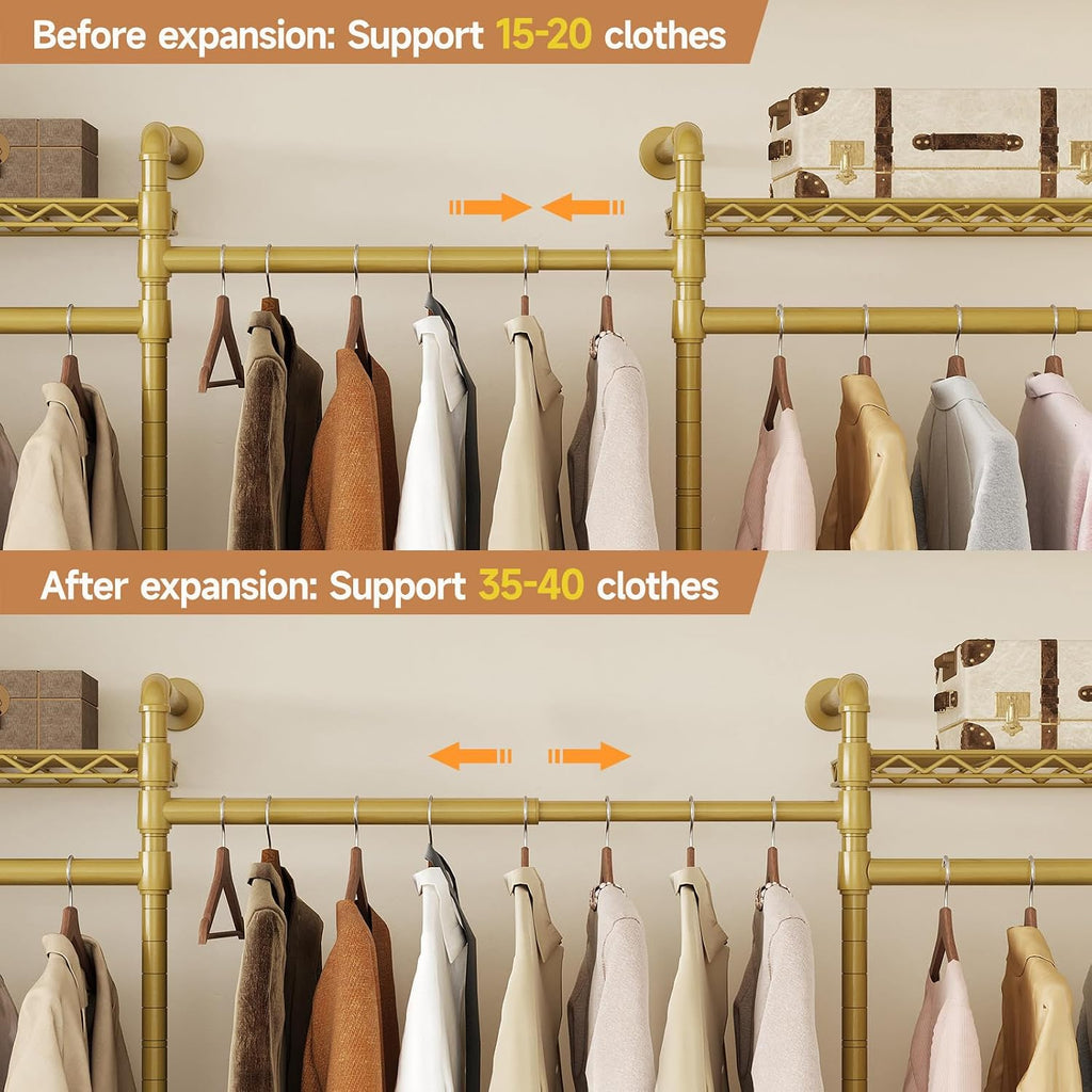 ComfyCorner Wall Mounted Garment Rack, Industrial Pipe Metal Clothing Rack with 6 Hanging Rods (4 Expandable) & 8 Shelves, Closet Organizers and Storage System for Bedroom, Walk in Closet