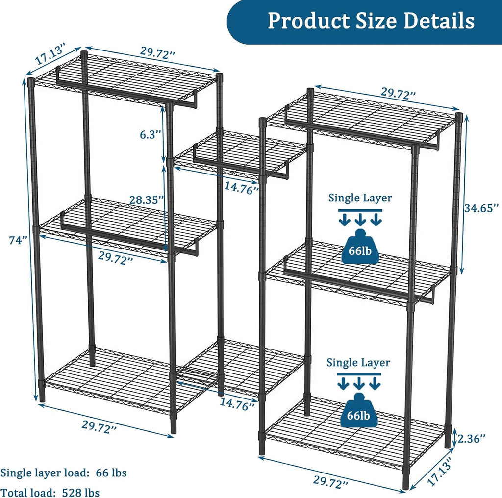 Heavy Duty Garment Rack, Freestanding Closet Organizer, Portable Wardrobe Clothes Rack, Adjustable Wire Shelving Clothes Rack with 8 Adjustable Wire Shelves and 5 Clothes Rails, Black (Without Hook)