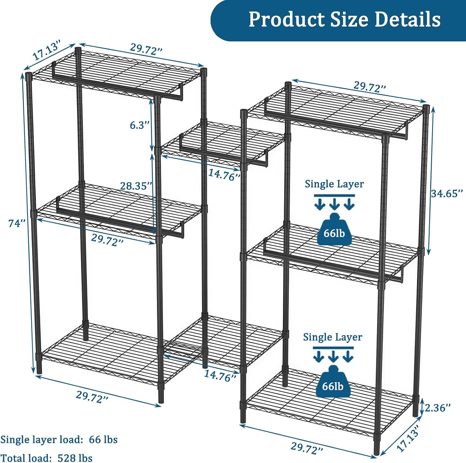 Heavy Duty Garment Rack, Freestanding Closet Organizer, Portable Wardrobe Clothes Rack, Adjustable Wire Shelving Clothes Rack with 8 Adjustable Wire Shelves and 5 Clothes Rails, Black (Without Hook)