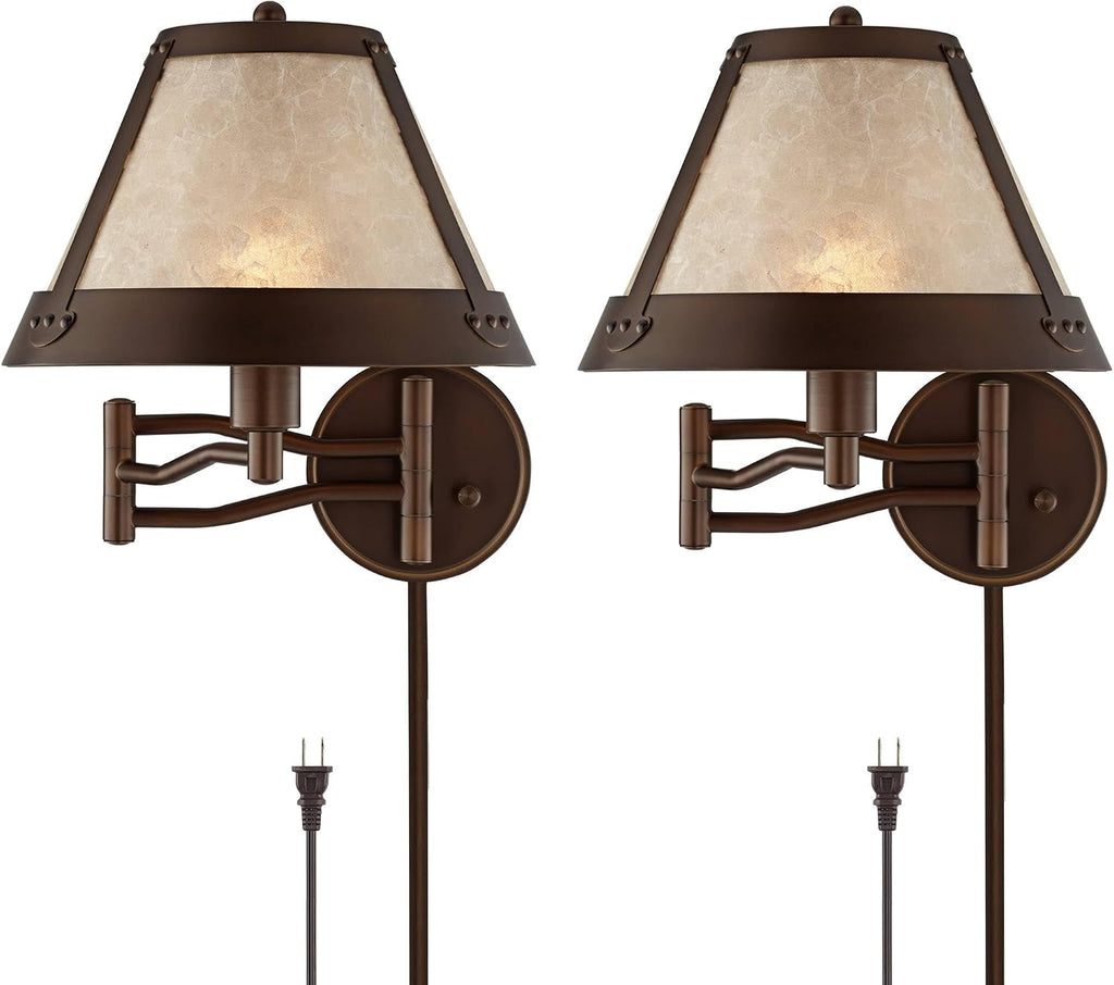 Franklin Iron Works Samuel Mica Shade Plug-in Swing Arm Wall Lamp with Cord Cover Set of 2