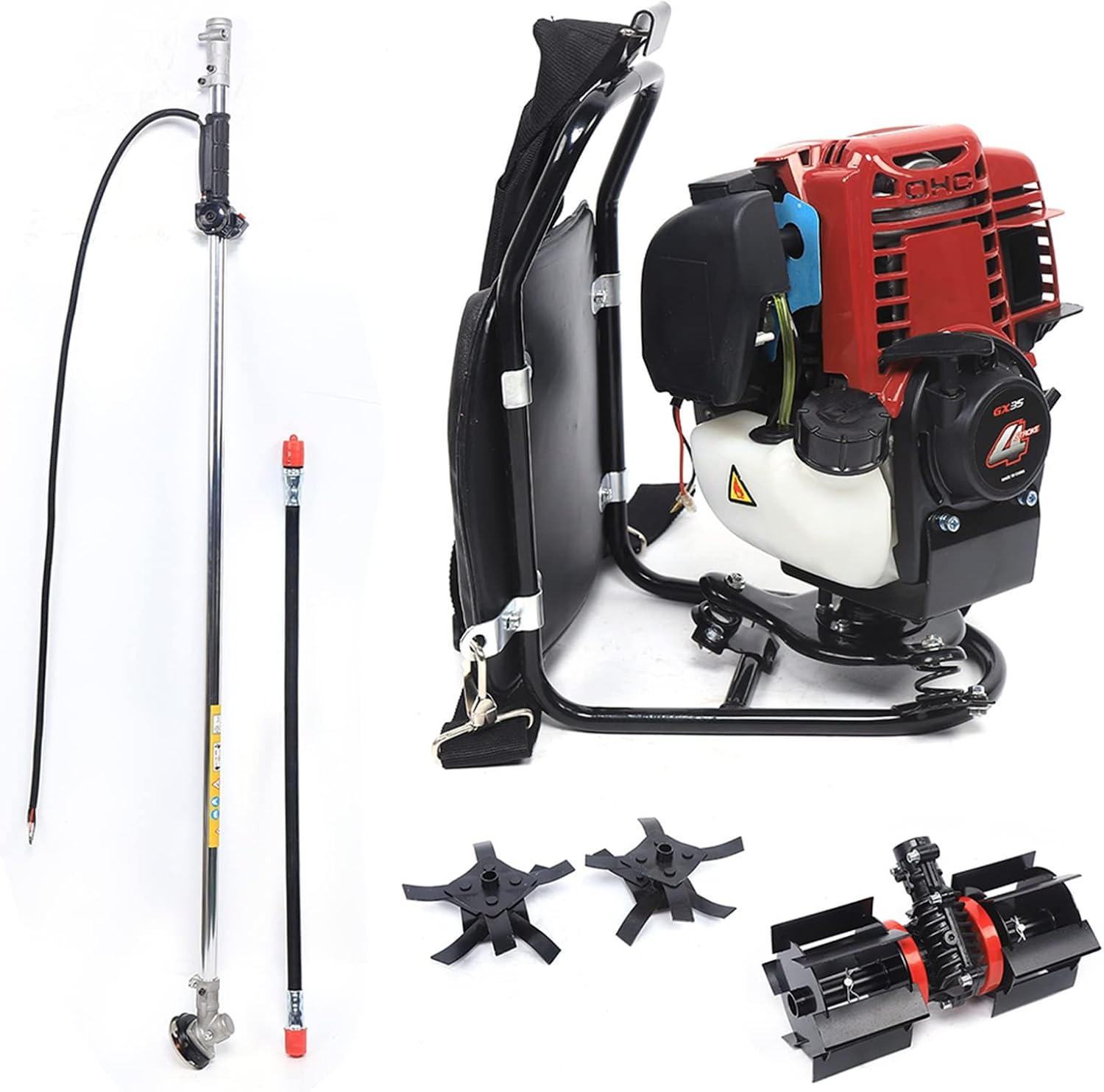 Cultivator Tiller, 35.4CC 4 Stroke Backpack Cultivator Tiller Lawn Mower Brush Cutter Hedge Trimmer, 3 in 1 Gas Powered Brush Grass Trimmer Cutter for Farmland Weeding, Harvesting, Clearing