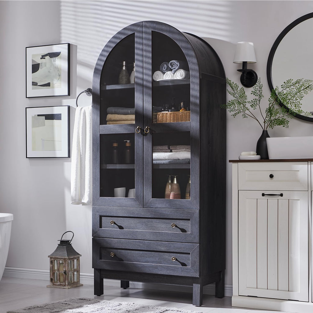 71' Tall Arched Bathroom Storage Cabinet, 4-Tier cabinet w/2 Large Drawers &Adjustable Shelves, Wooden Bathroom Floor cabinets w/Glass Doors, Modern Farmhouse Versatile Cabinets for bathroom,Dark Grey