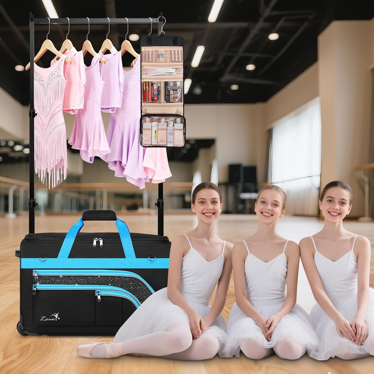 Dance Bag with Garment Rack - 28 Inch Professional Dance Competition Duffle Bag with Rack - Wheeled Dance Suitcase with Multiple Pockets for Dancers, Athlete, Travelers, and Livestreamer