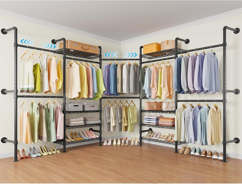Timate L Shape Closet Rack Wall Mount for Corner, Heavy Duty Hanging Garment Rack Clothing Rack with 8 Adjustable Shelves & 4 Hanger Rods, Closet System for Hanging Clothes, Black