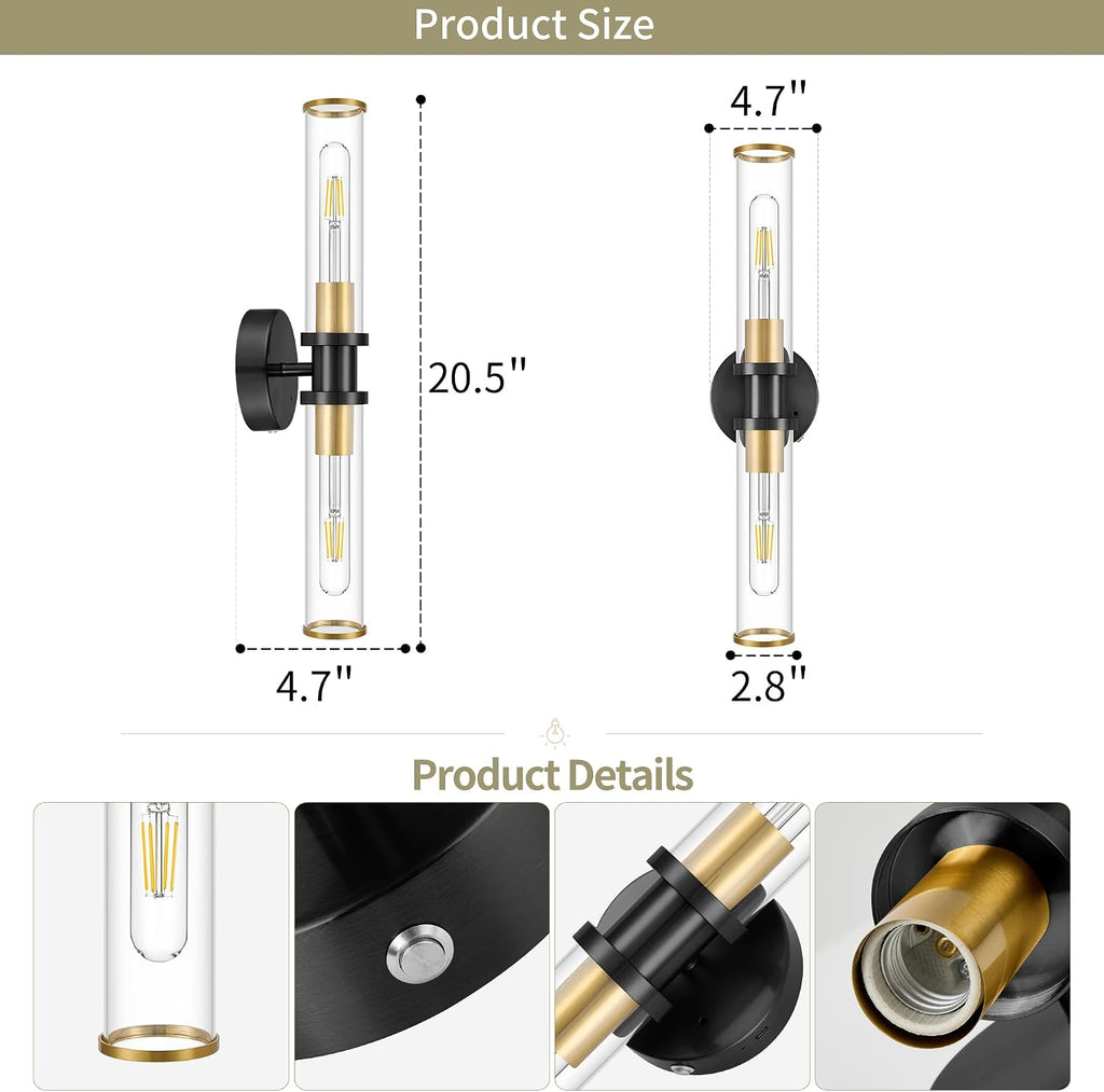 Rayogale Black & Gold Wireless Battery Operated Wall Sconces with Remote | Glass Rechargeable Wall Lights Set of 2 with Timer Function Dimmable for Living Room Bedroom Emergency 3000K, 20.5 Inch