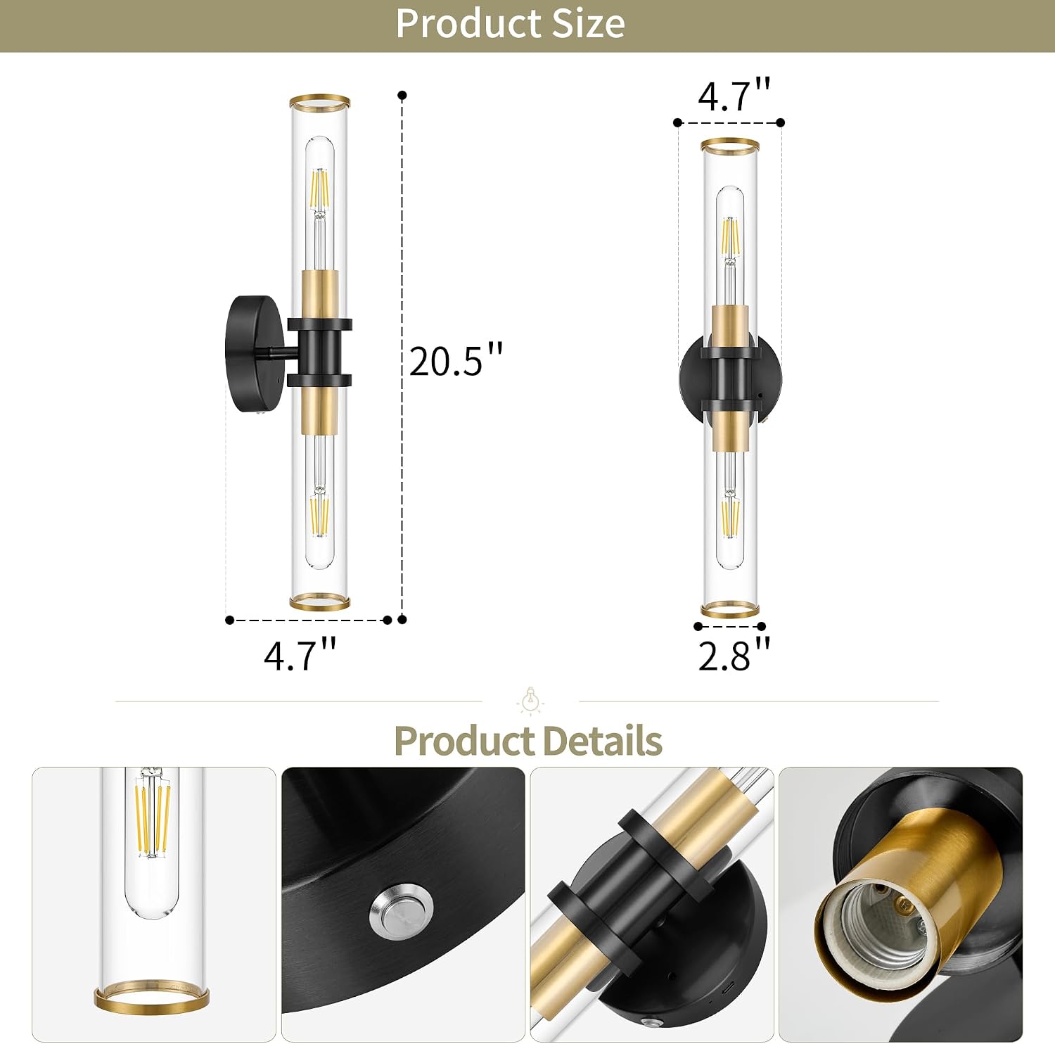 Rayogale Black & Gold Wireless Battery Operated Wall Sconces with Remote | Glass Rechargeable Wall Lights Set of 2 with Timer Function Dimmable for Living Room Bedroom Emergency 3000K, 20.5 Inch