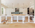 LZRS 6-Panel Extra Wide Wooden Freestanding Dog Gate: Foldable Solid Wood and Steel Wire Chew Resistant Safety Barrier for Doorways, Stairs, and Open Long Spaces Indoor Use, White