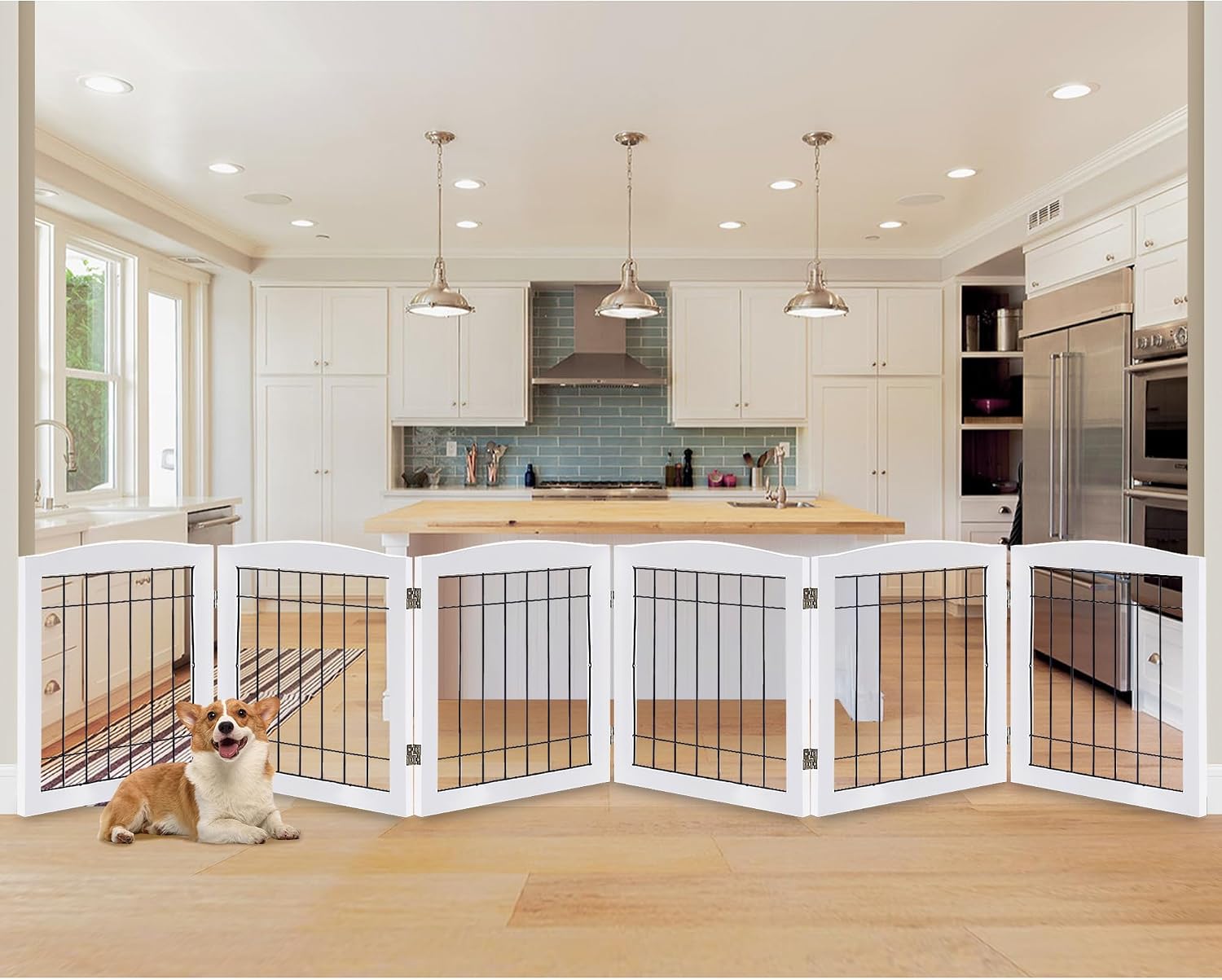 LZRS 6-Panel Extra Wide Wooden Freestanding Dog Gate: Foldable Solid Wood and Steel Wire Chew Resistant Safety Barrier for Doorways, Stairs, and Open Long Spaces Indoor Use, White