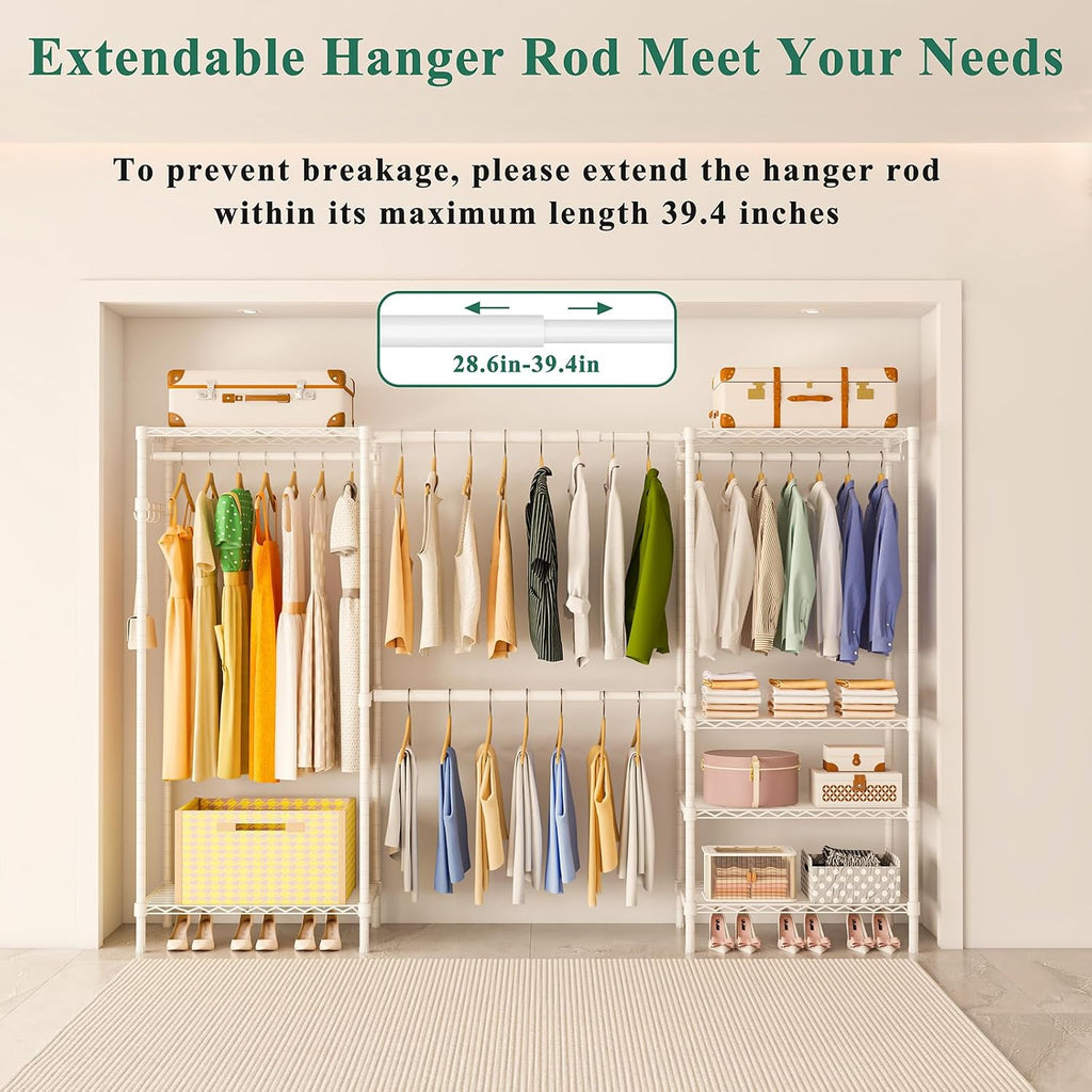 Heavy Duty Garment Rack, Portable Expandable Freestanding 4 Tiers Adjustable Wire Shelves Clothes Rack with 2 Retractable Poles, 70.9-86.6' L x 15.7' W x 76.8' H, Max Load 900LBS, White