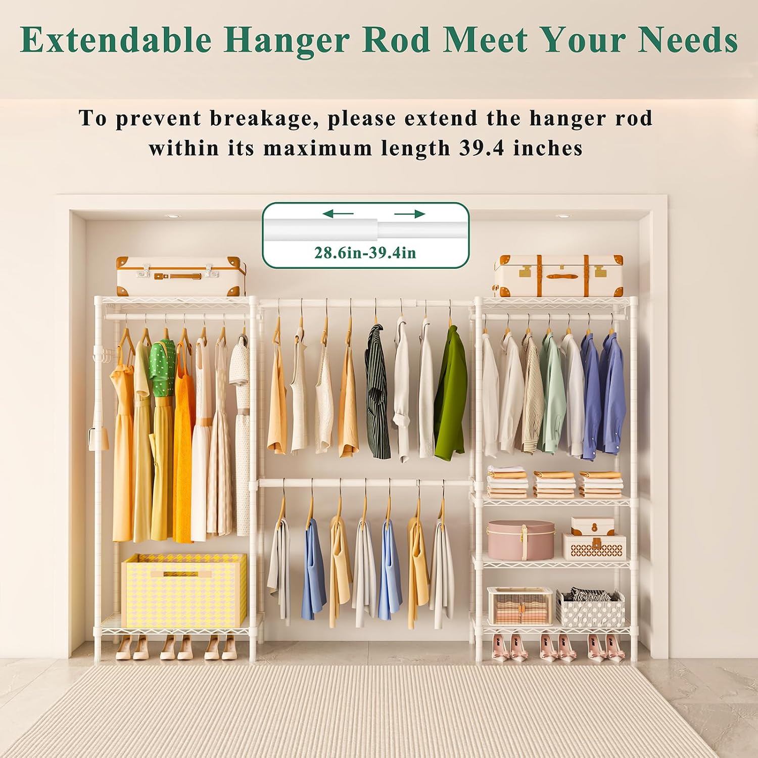Heavy Duty Garment Rack, Portable Expandable Freestanding 4 Tiers Adjustable Wire Shelves Clothes Rack with 2 Retractable Poles, 70.9-86.6' L x 15.7' W x 76.8' H, Max Load 900LBS, White