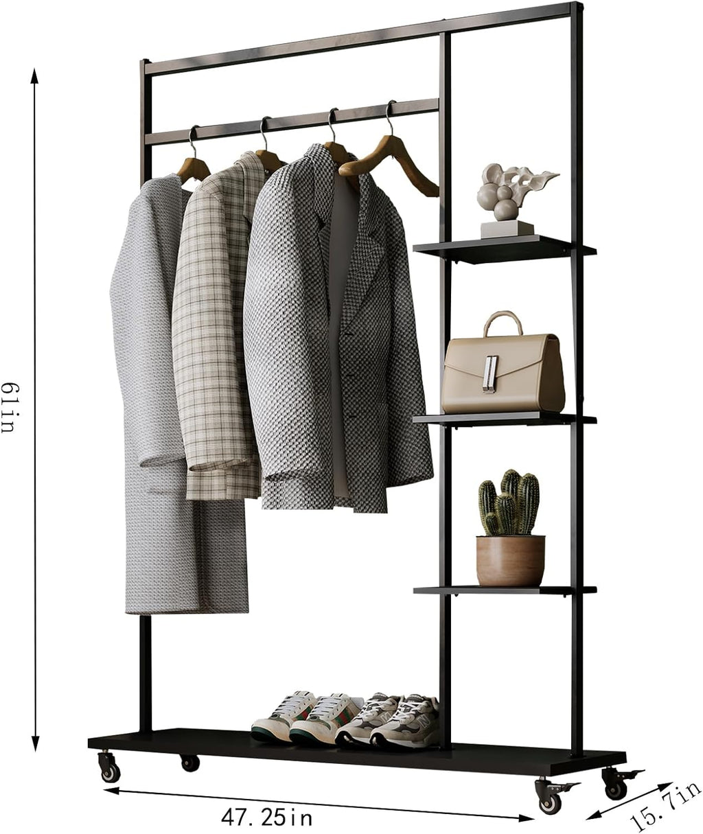 Rolling Garment Rack with Shelves on Wheels,Freestanding Metal Clothing Rack with 4 Storage Shelves,Sturdy Clothes Rack for Hanging Clothes, Bedroom,Closet,Entryway,Boutique Display
