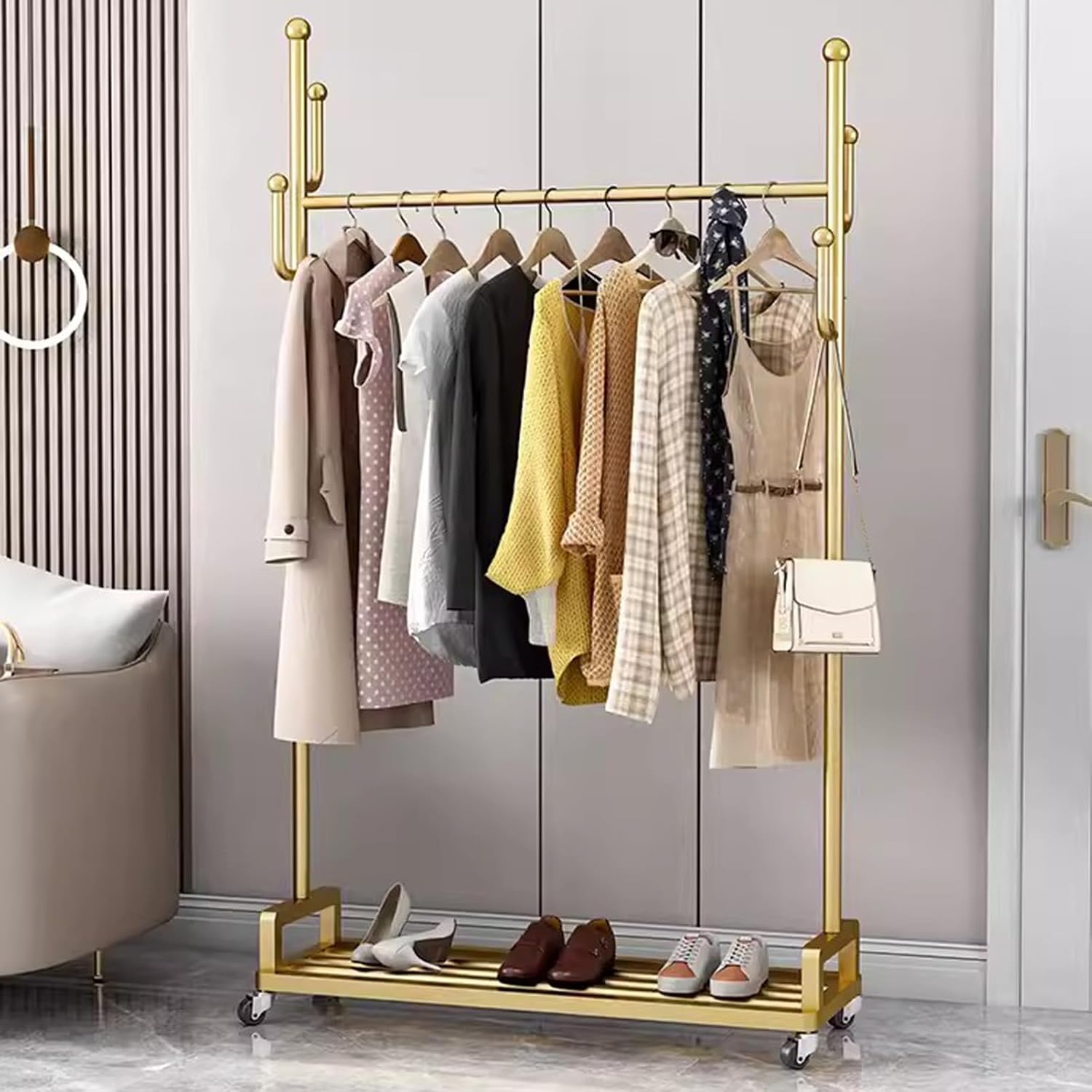 Heavy Duty Metal Clothes Rack with Rolling Wheels Storage Shelves and 6 Hooks Durable Garment Rack for Hanging Clothes,Gold-60 x 35 x 175 cm