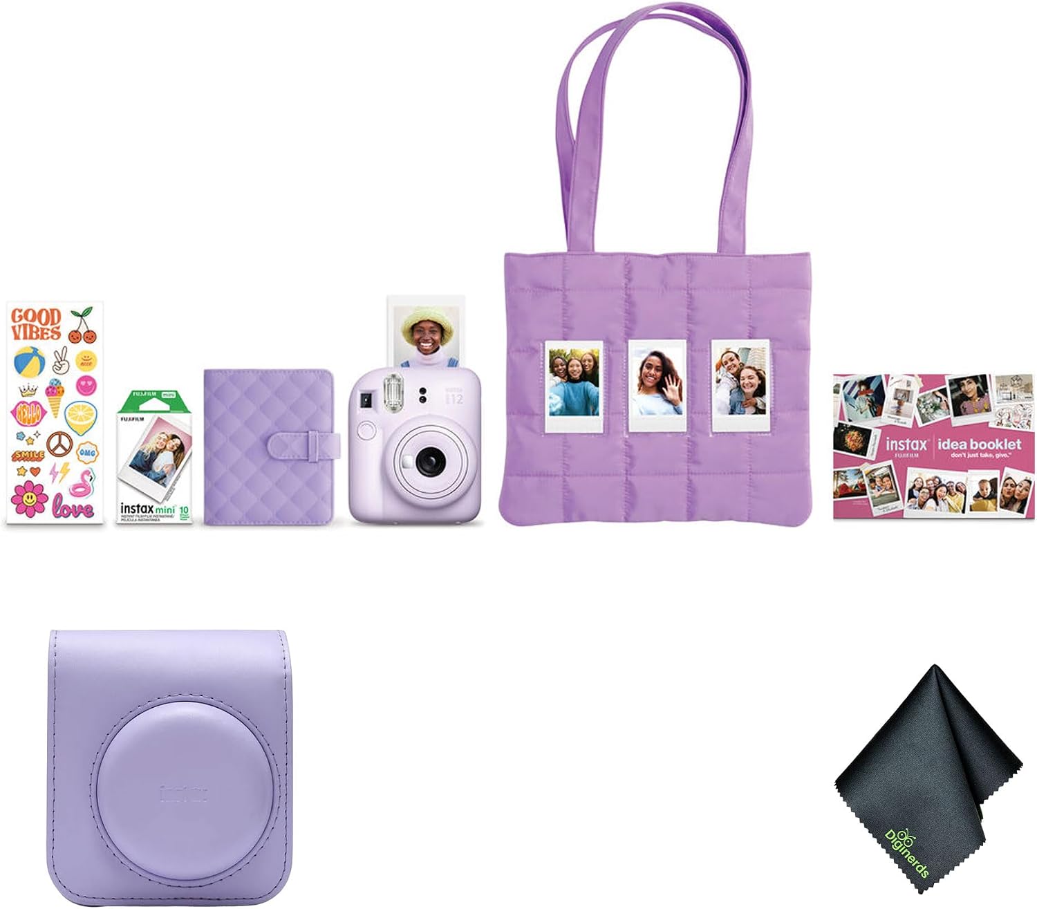 FUJIFILM Instax Mini 12 Instant Film Camera 2025 Holiday Bundle (Purple) + Compatible Carrying Case + Microfiber Cleaning Cloth