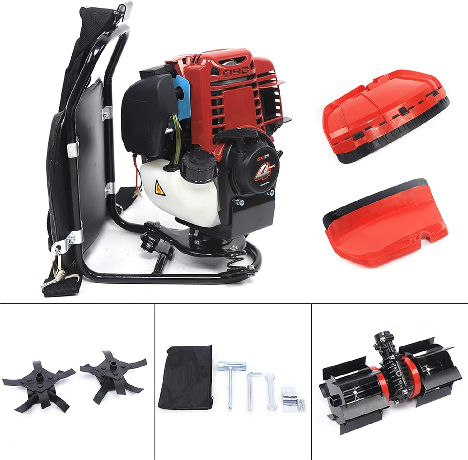 Backpack Gas Powered Cultivator Tiller Lawn Mower, 3IN1 1.4HP 4-Stroke 35.4cc Brush Cutter Hedge Trimmer with 2T Blade, Single Cylinder Air-Cooled Gasoline Engine Grass Trimmer Weed Eater