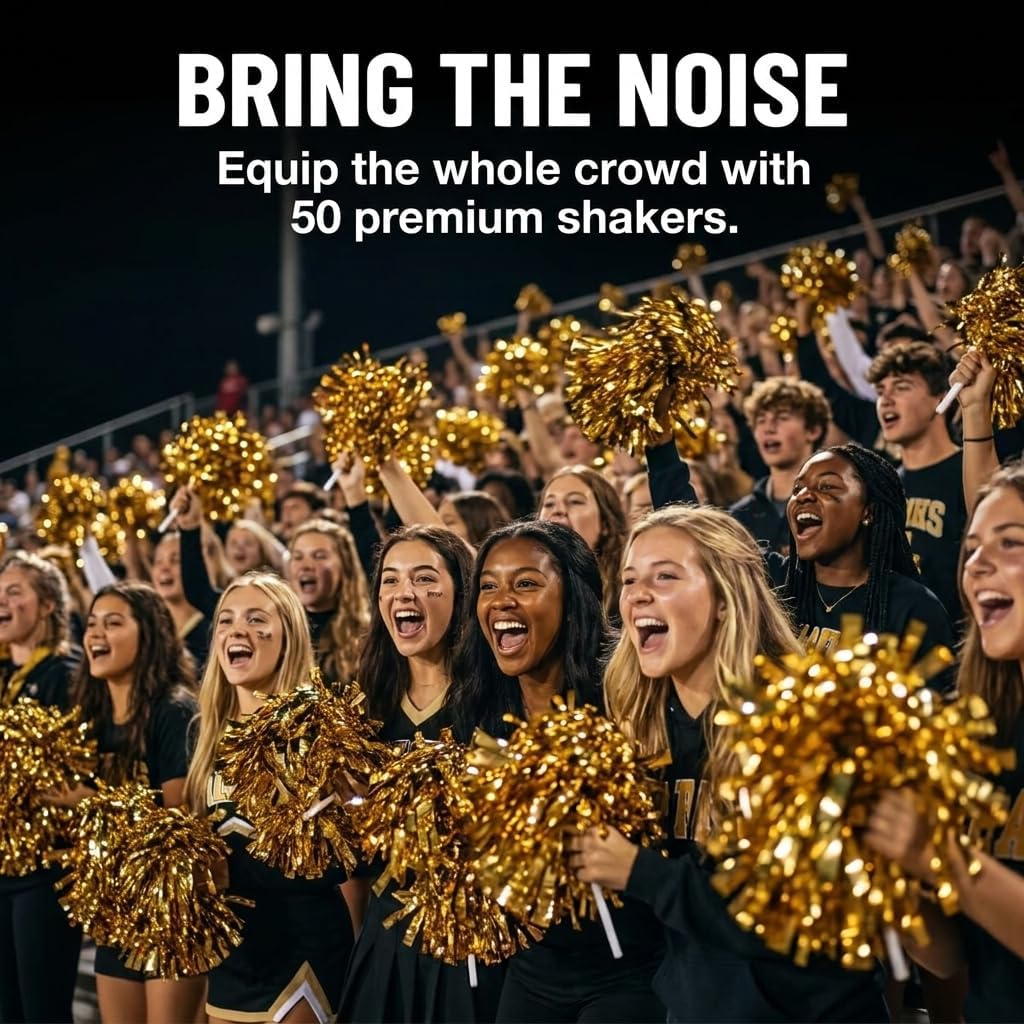 Anderson's Premium Metallic Gold Foil School Spirit Shakers, Cheerleader Pom Poms, Sports Fan, Football, Basketball, Homecoming, Squad, Team, Party, Dance Club, Performance, Celebration Pack of 50