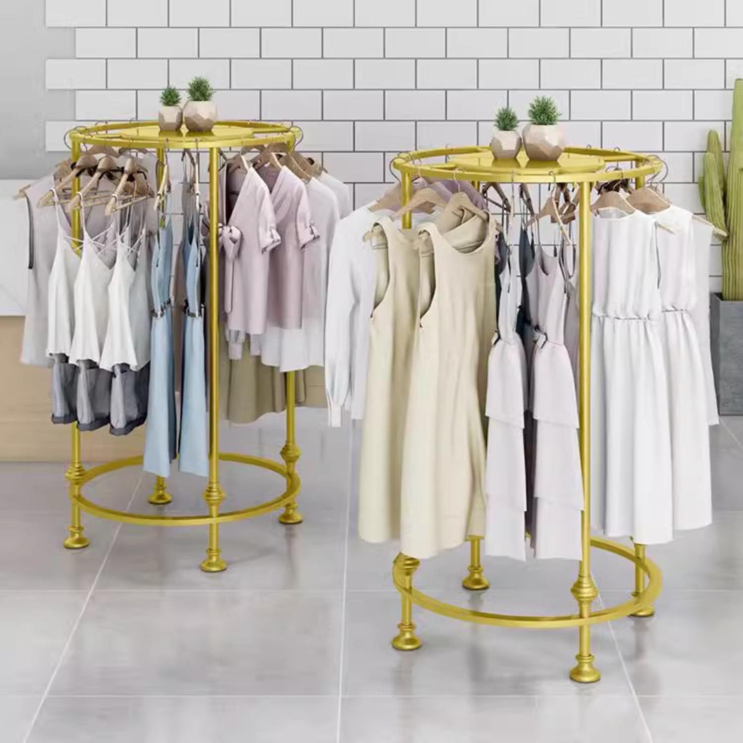 Mobile Storage Rack Freestanding Display Rack Tool Pegboard Garage,27.5in Gold Metal Clothing Display Rack with Top Shelf, Freestanding Garment Stand, Stylish Round Clothes Rack for Retail S