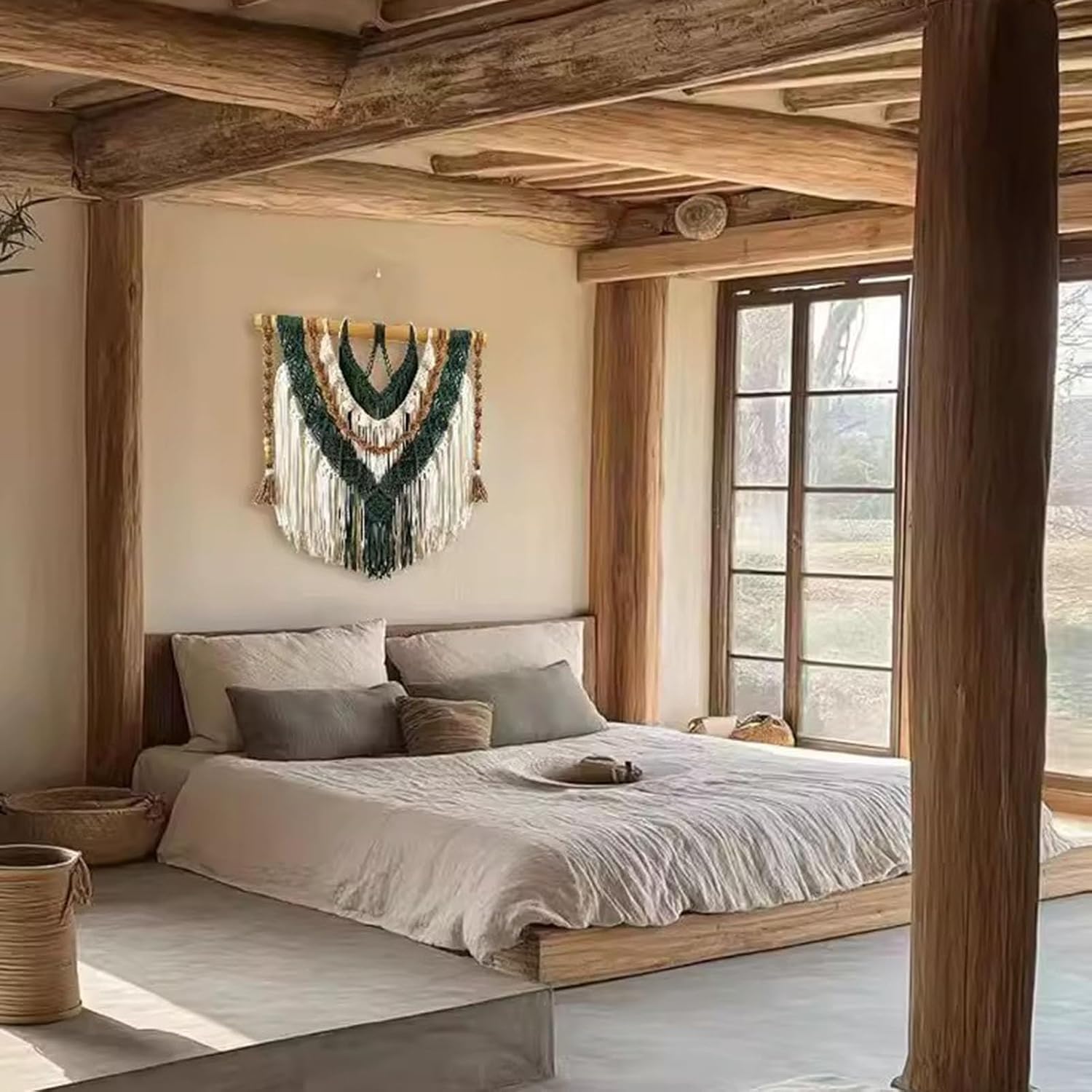 Macrame Wall Hanging Boho Macrame Wall Hanging – Handwoven Green & Cream Cotton Tapestry with Wooden Dowel, Art Decor for Living Room, Bedroo(100x110cm/39.4x43.3in)