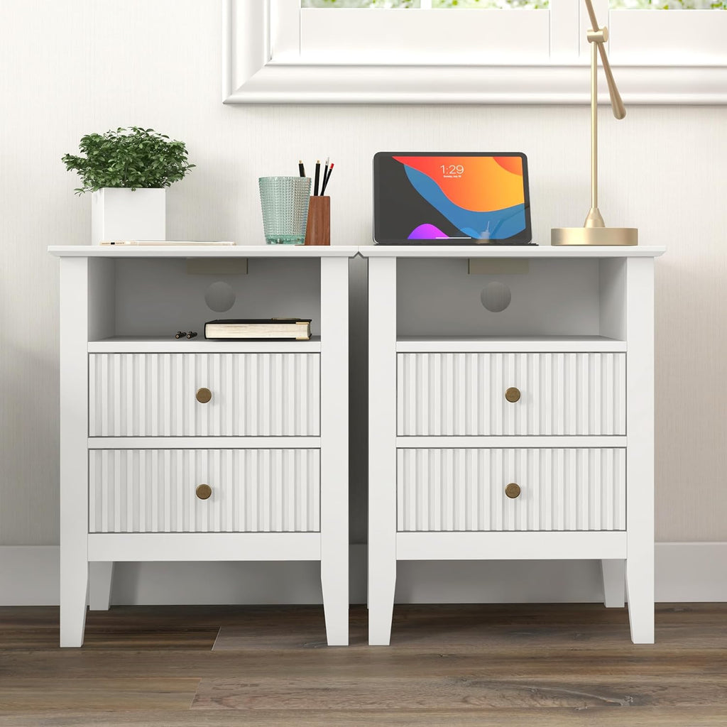 RoyalCraft Fluted Nightstand Set of 2 with Charging Station, White End Table with 2 Silent Slide Drawers & Storage Shelf, Modern Side Table, Wood Night Stand Cabinet for Bedroom