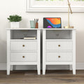 RoyalCraft Fluted Nightstand Set of 2 with Charging Station, White End Table with 2 Silent Slide Drawers & Storage Shelf, Modern Side Table, Wood Night Stand Cabinet for Bedroom
