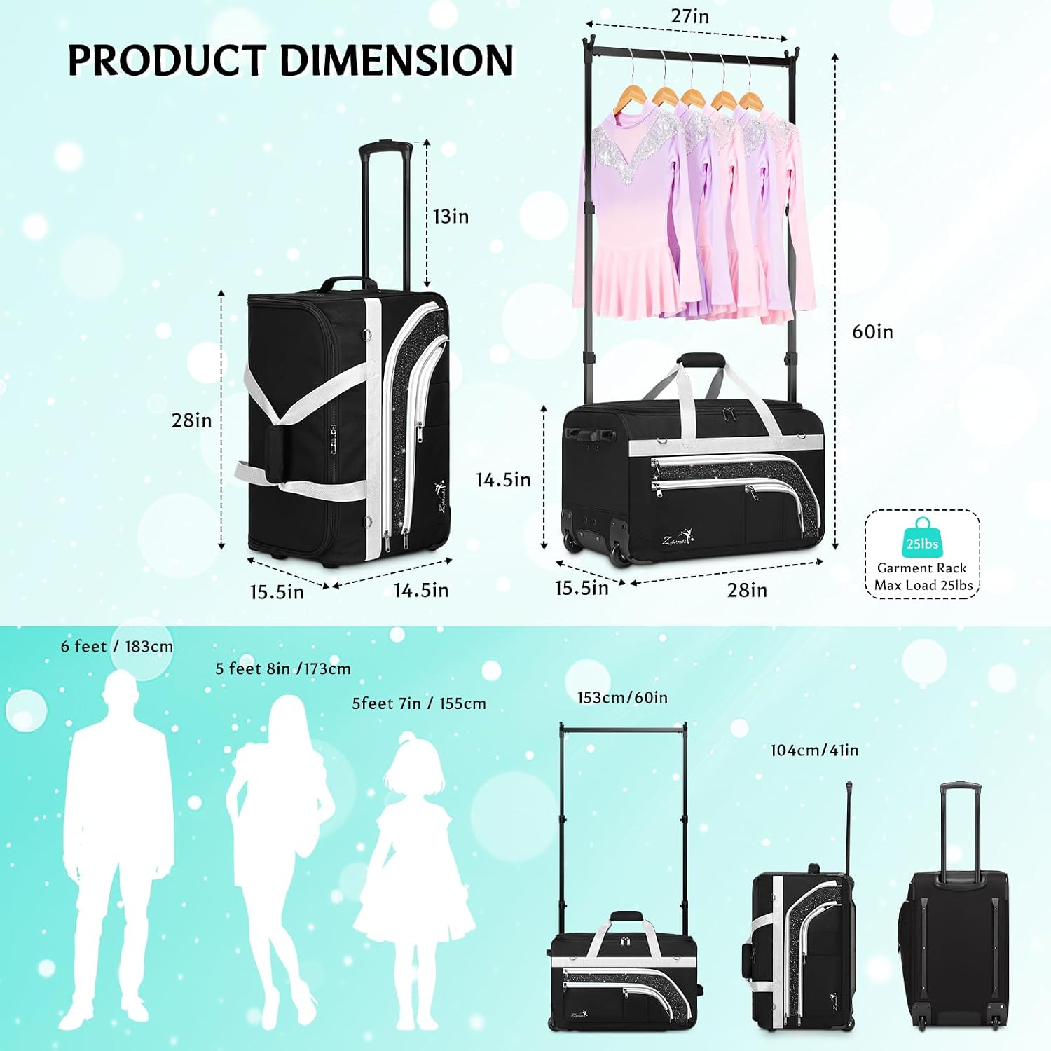 Dance Bag with Garment Rack - 28 Inch Professional Dance Competition Duffle Bag with Rack - Wheeled Dance Suitcase with Multiple Pockets for Dancers, Athlete, Travelers, and Livestreamer