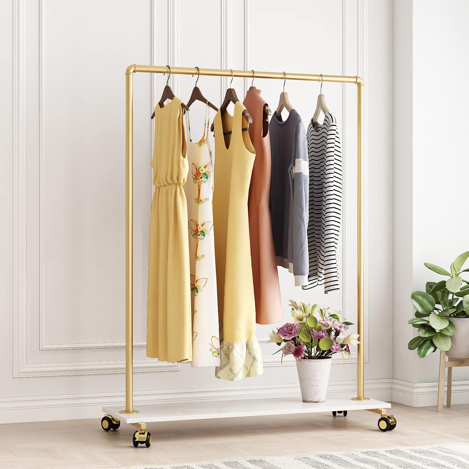 Gold Metal Clothing Rack with Wood Shelf, Heavy Duty Rolling Garment Rack with Wheels for Bedroom Retail Boutique Use (49.21L inches)