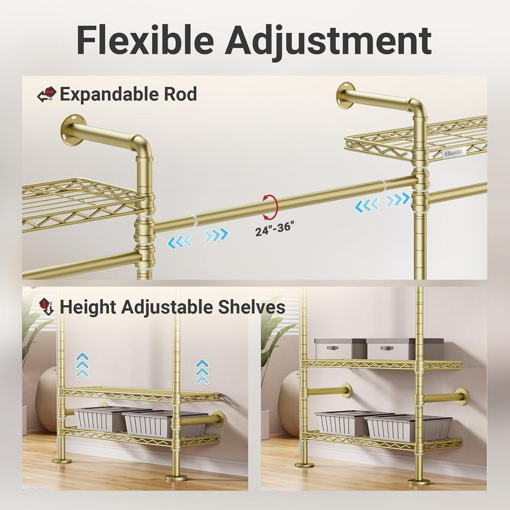 Timate L4 L Shape Garment Rack Heavy Duty for Hanging Clothes, Expandable Industrial Pipe Clothing Rack, Wall Mounted Closet Organizer Large Wardrobe Kit Corner System Gold