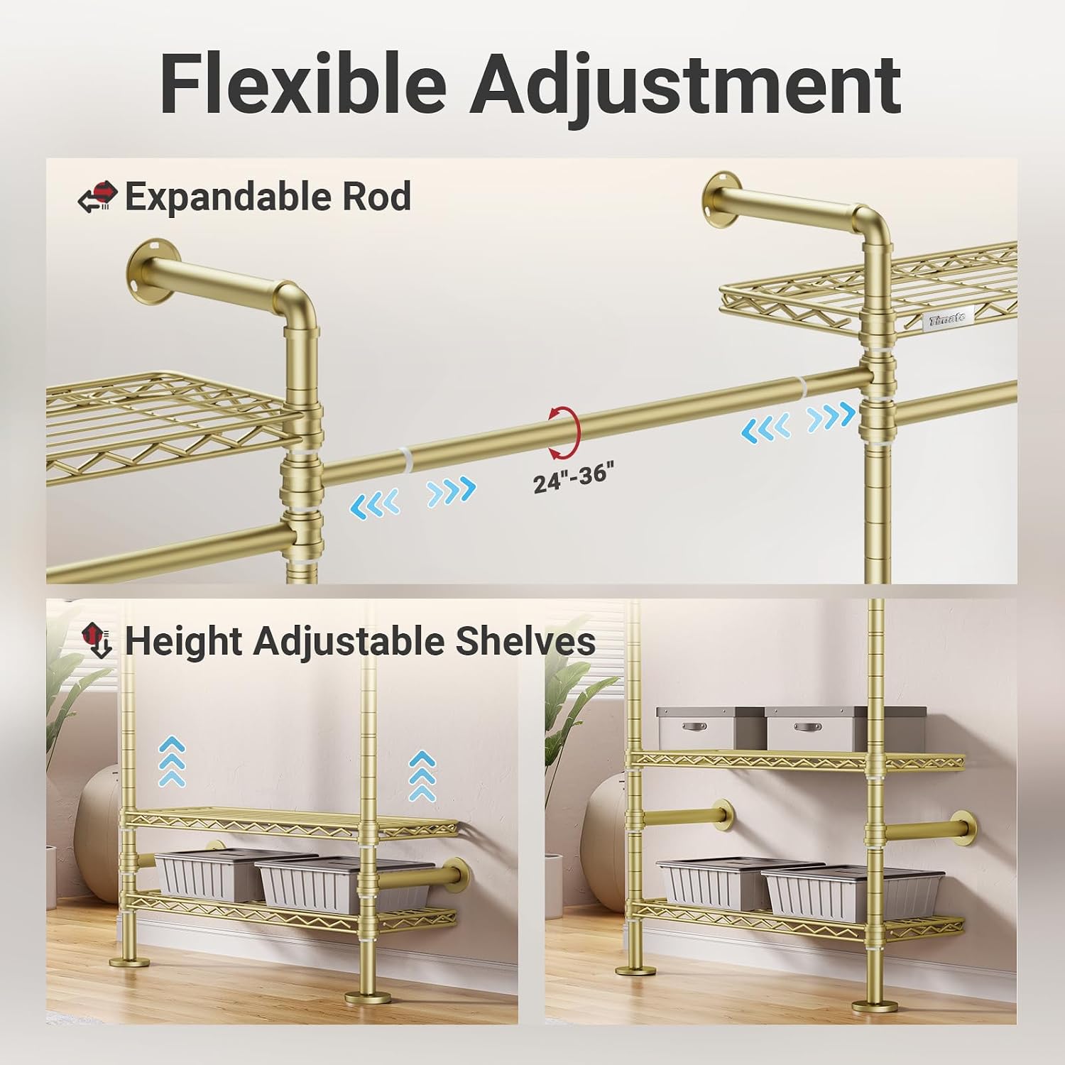 Timate L4 L Shape Garment Rack Heavy Duty for Hanging Clothes, Expandable Industrial Pipe Clothing Rack, Wall Mounted Closet Organizer Large Wardrobe Kit Corner System Gold