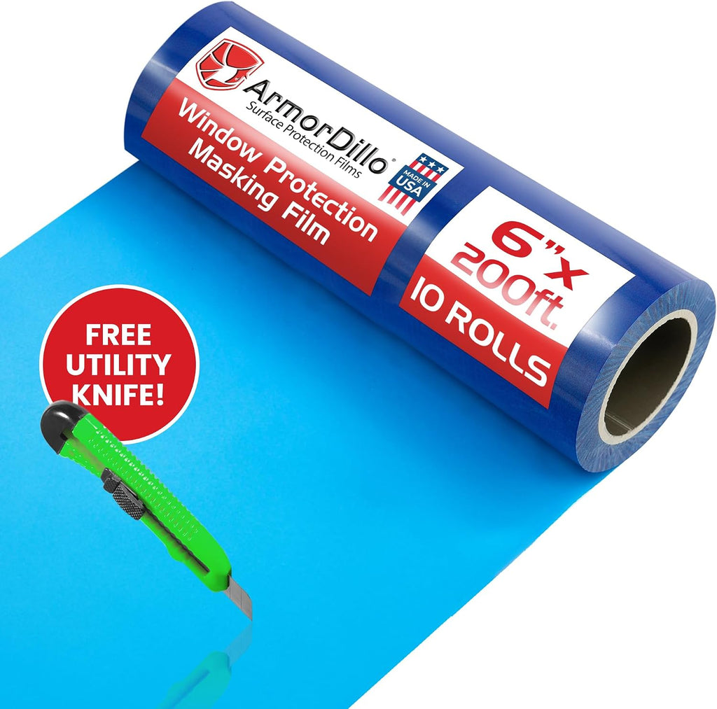 ArmorDillo Blue Window Protection Film 6' x 200' | 14.68 per roll (10 Rolls- 1 case), Surface Protection | Temporary Self-Adhesive Glass Covering, Window Masking, 45-Day UV Resistant Construction Wrap