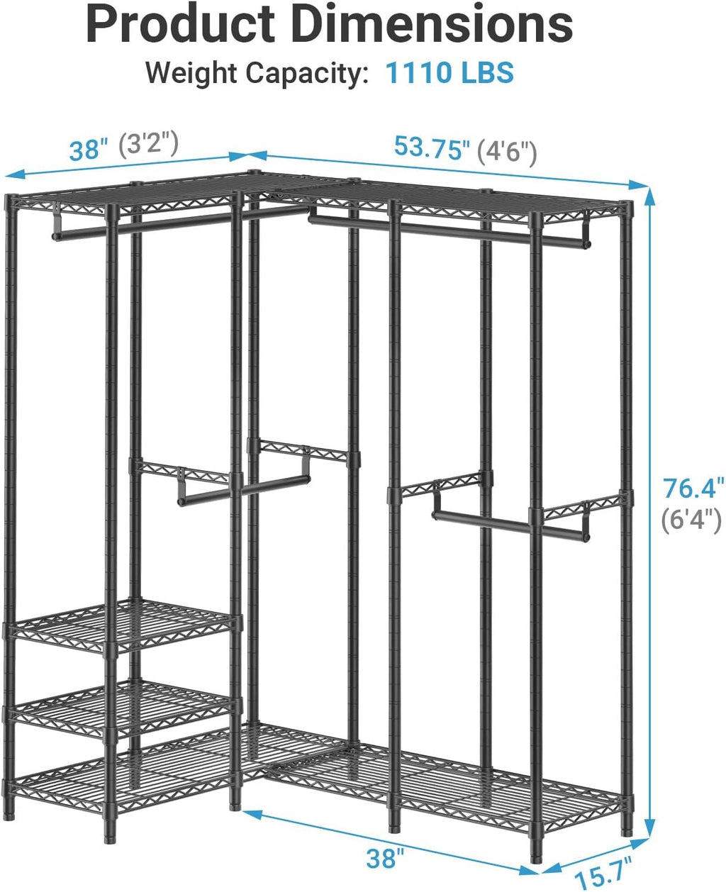 VIPEK L40 Corner Clothes Rack, Heavy Duty L-Shaped Freestanding Closet, Metal Clothing Rack, Corner Wardrobe for Hanging Clothes, 53.75' L x 38' W x 76.4' H, Load Capacity 1110 LB, Black