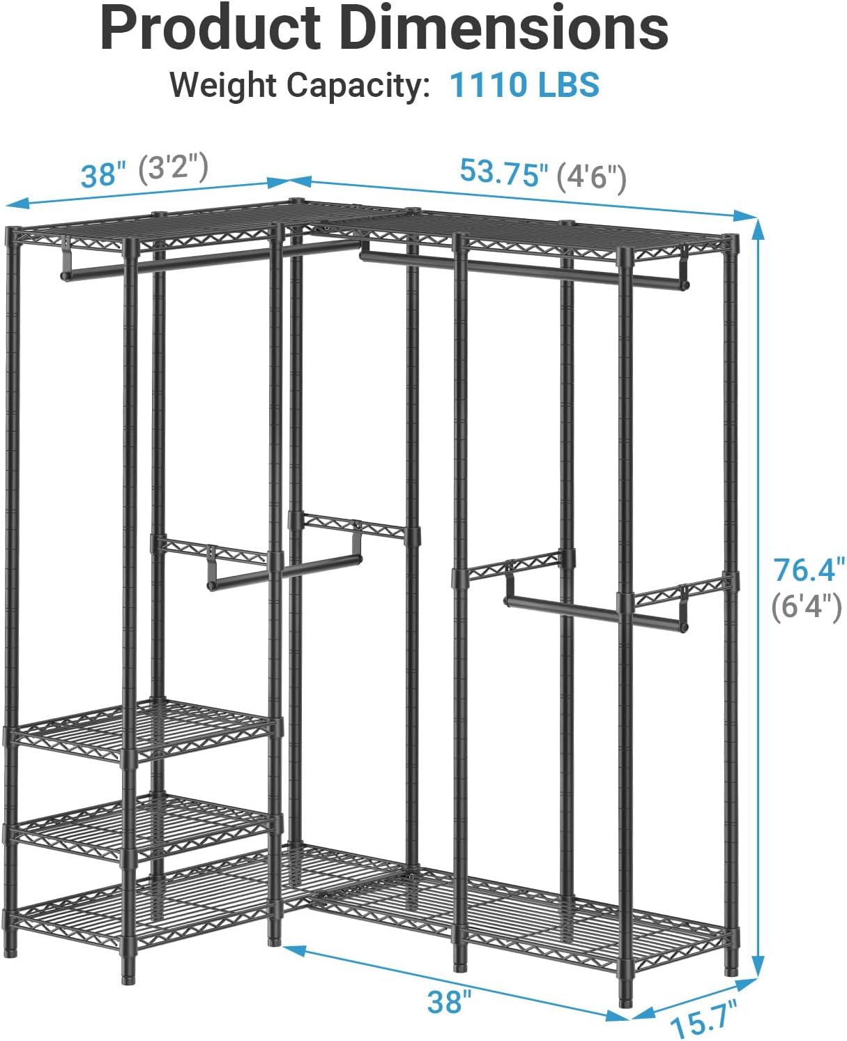 VIPEK L40 Corner Clothes Rack, Heavy Duty L-Shaped Freestanding Closet, Metal Clothing Rack, Corner Wardrobe for Hanging Clothes, 53.75' L x 38' W x 76.4' H, Load Capacity 1110 LB, Black