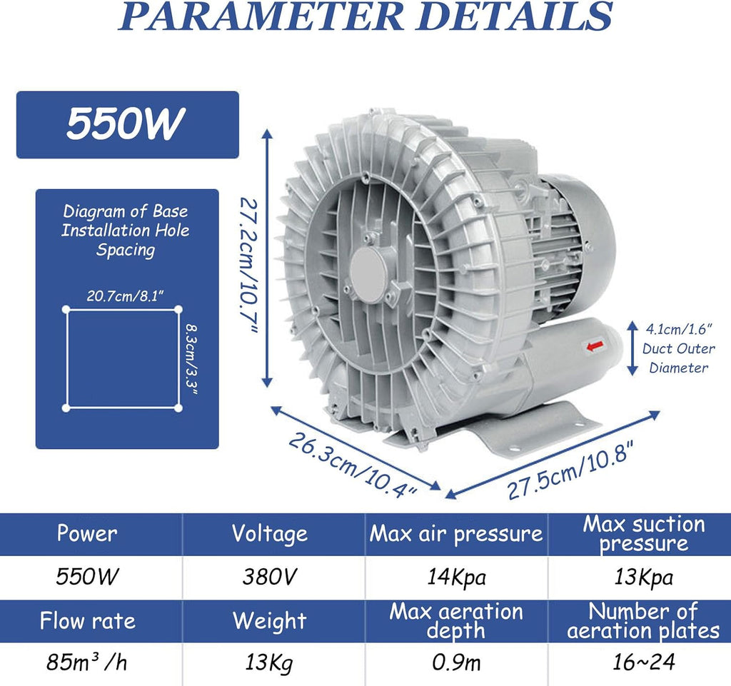Industrial Regenerative Blower 0.5HP to 2HP, 380V 50Hz Vortex Vacuum Pump, 550W Air Pump for Sewage Aeration, High Efficiency Regenerative Air Blower