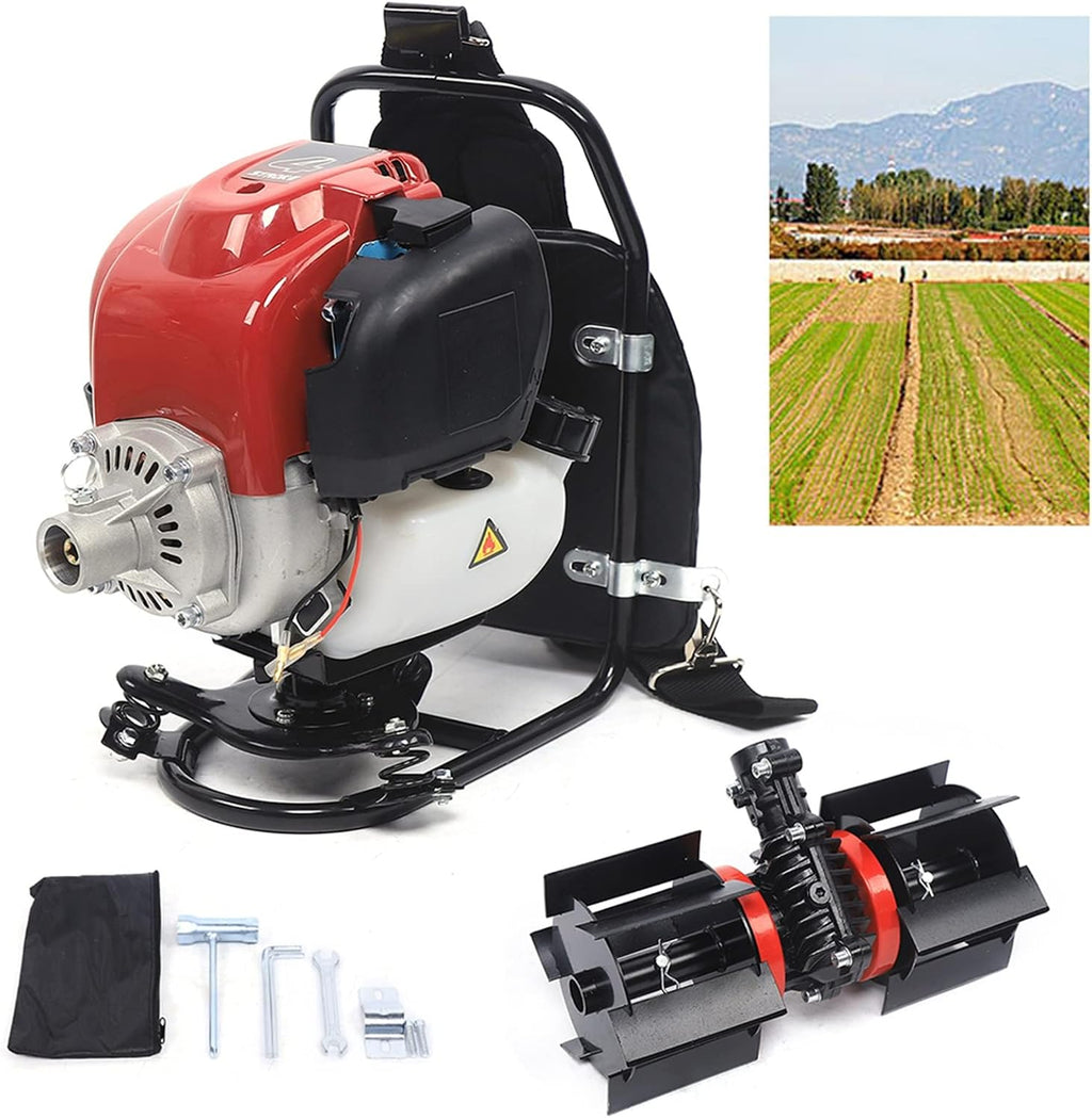 Backpack Brush Cutter 35.4CC 4-Stroke Tiller Cultivator Gas Powered Grass Trimmer Air-Cooled Single Cylinder Digging Tool Hedge Trimmer for Remove Weeds Soil Cultivation, TBG140