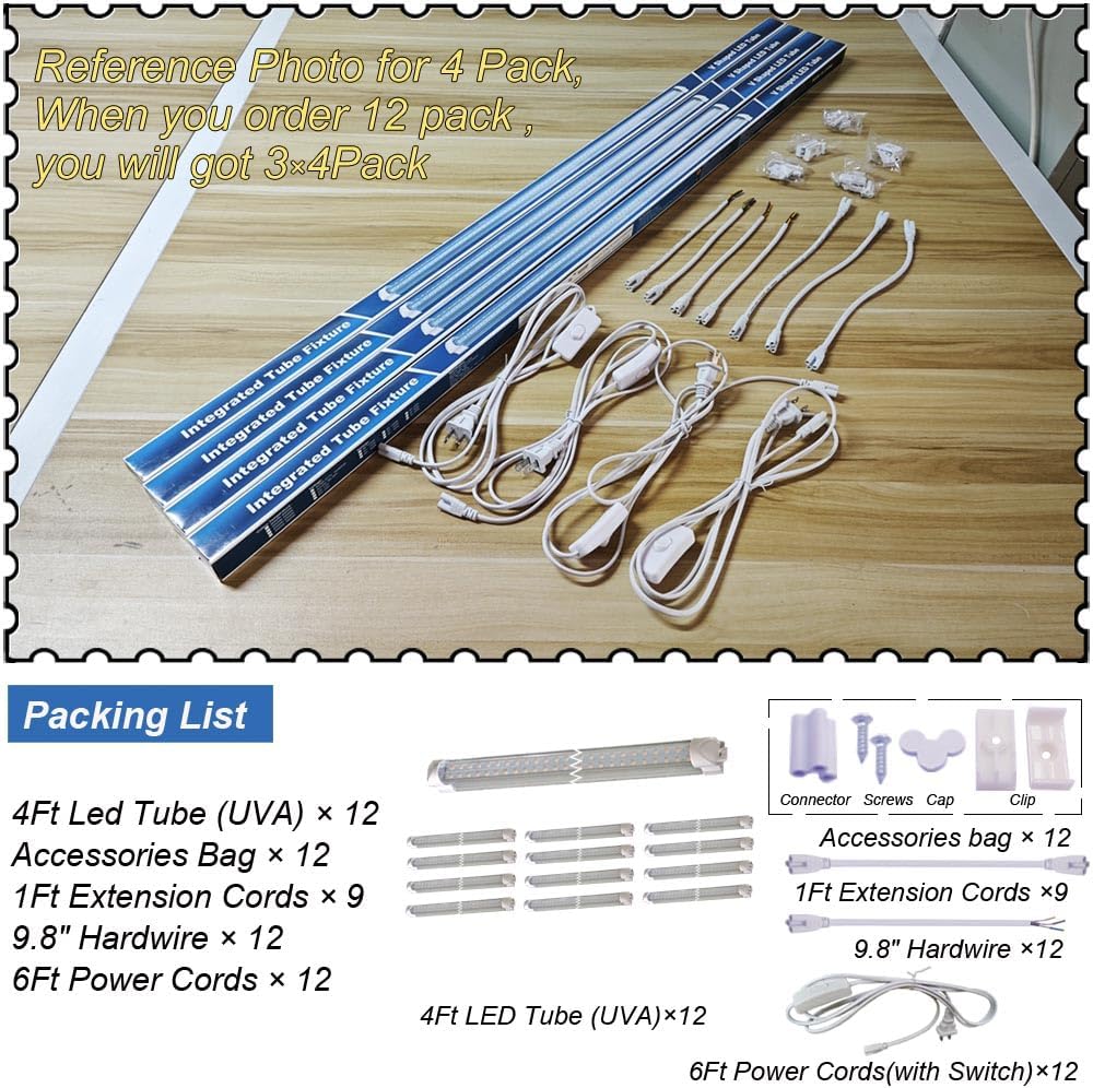 LED Black Light 4Ft Linkable Bar 12PACK, LED 40W Integrated T8 Bulb Blacklight Fixture, UVA 395NM 400NM for Fluorescent Tapestry Poster Body Paint Glow Party