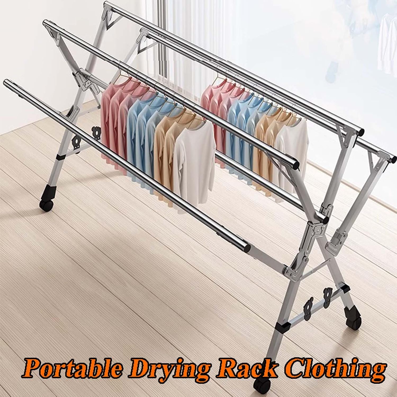 Adjustable Stainless Steel Clothes Drying Rack with Wheels - Heavy Duty, No Installation Required, Efficient Laundry Rack for Home, Portable Garment Rack for Easy Use