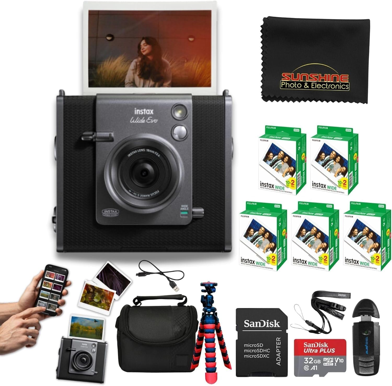 Fujifilm Instax Wide Evo Hybrid Instant Film Camera with 5 Packs Fujifilm Instax Wide Instant Film Twin Pack + 16GB Memory Card + Card Reader + Octo Tripod + Sunshine Photo Microfiber Cleaning Cloth