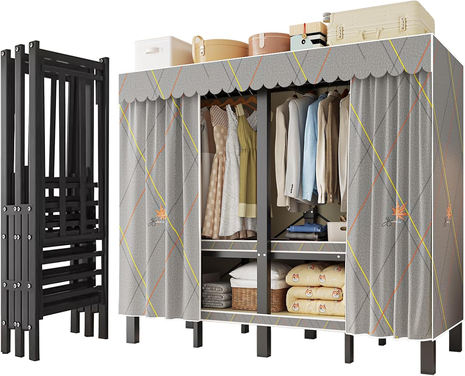 Heavy Duty Clothing Rack with Oxford Fabric Cover, Portable Closet Wardrobe with Hanging Rods, Freestanding Wardrobe, Metal Closet Rack for Hanging Clothes (Zipper Design, 59.1''/150cm)